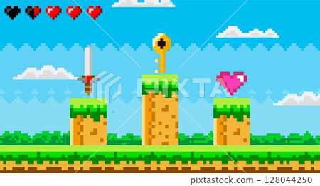 Retro-style pixel art scene with a floating sword, key, and heart on green platforms against a blue sky with white clouds. Ideal for vintage gaming, adventure stories, nostalgic themes, game design Retro-style pixel art scene with a floating sword, key, and heart on green platforms against a blue sky with white clouds. Ideal for vintage gaming, adventure stories, nostalgic themes, game design 128044250