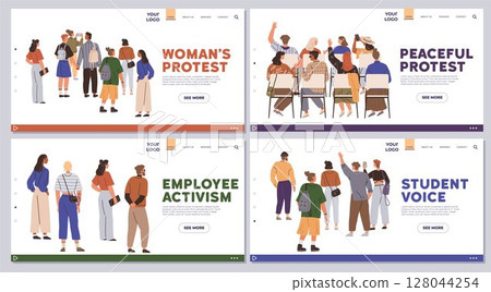 Two women s protests, an employee activism meetup, and a student rally. Ideal for social awareness, civic engagement, community empowerment, advocacy campaigns, educational materials. Modern Two women s protests, an employee activism meetup, and a student rally. Ideal for social awareness, civic engagement, community empowerment, advocacy campaigns, educational materials. Modern 128044254