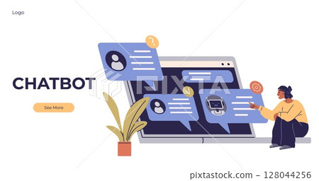 A person interacts with a laptop displaying large chat bubbles, symbolizing a chatbot. Ideal for customer service, automated support, artificial intelligence, user engagement, and conversational 128044256