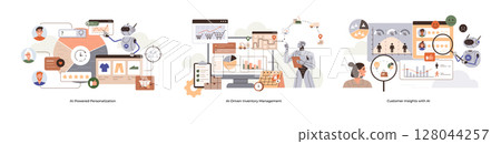 Various elements such as robots, charts, and magnifying glass, representing AI-powered process automation, data-driven management, and customer insight analysis. Ideal for business innovation Various elements such as robots, charts, and magnifying glass, representing AI-powered process automation, data-driven management, and customer insight analysis. Ideal for business innovation 128044257