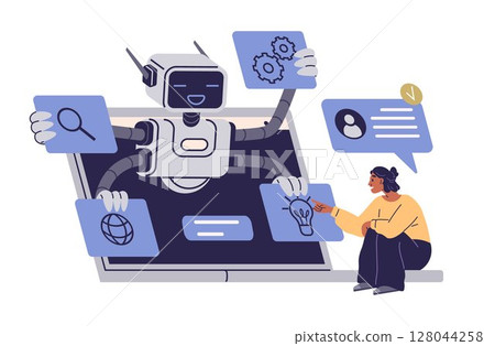 A smiling robot assists a person by holding icons representing search, settings, information, and ideas on a laptop screen. Ideal for technology, AI, digital assistance, innovation, and automation 128044258