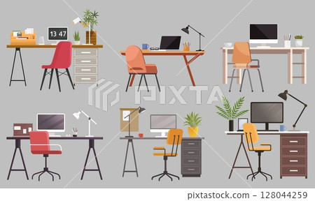 Various desk setups with computers, chairs, plants, lamps, and office supplies. Ideal for workspace inspiration, office organization, interior design, productivity tips, and modern home offices Various desk setups with computers, chairs, plants, lamps, and office supplies. Ideal for workspace inspiration, office organization, interior design, productivity tips, and modern home offices 128044259
