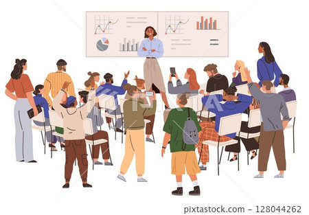 A speaker presents in front of an engaged audience, with charts and graphs displayed on a screen. Various attendees raise hands, take photos, and engage actively. Ideal for business, education 128044262