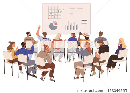 A diverse group of people in a meeting room sitting on chairs engaging in a presentation. Charts and graphs are displayed on a large screen. Ideal for business, education, teamwork, training 128044265