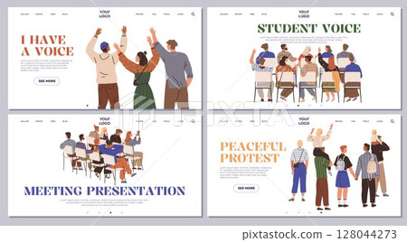 Group of students and friends raising hands and protesting peacefully in four sections. Ideal for social movements, student activism, educational discussions, peaceful protests, community gatherings 128044273