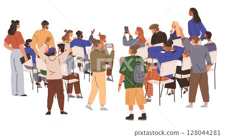 A mix of individuals sits and stands around, some taking photos and videos, indicating a shared experience or event. Ideal for business networking, educational workshops, seminars, social gatherings 128044281