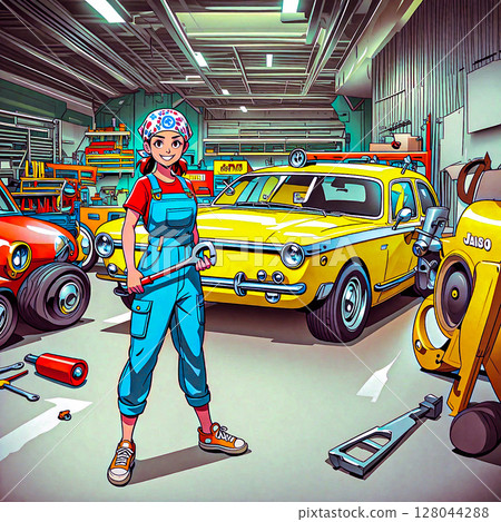 Young lady auto mechanic. A young girl in blue overalls, a red shirt, and sneakers holding a wrench stands smiling in an auto repair shop with a patterned bandana on her head. 128044288