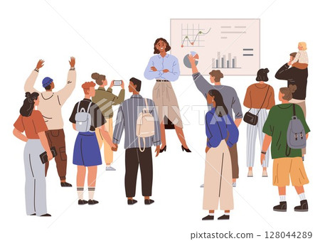 A diverse group gathers around a presenter who explains information on a chart. Various attendees hold backpacks or a child. Ideal for business, teamwork, education, leadership, diversity. Modern A diverse group gathers around a presenter who explains information on a chart. Various attendees hold backpacks or a child. Ideal for business, teamwork, education, leadership, diversity. Modern 128044289