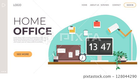 Clean and organized home office desk with computer monitor, clock, lamp, plant, and pinned notes. Ideal for productivity, remote work, minimalism, organization, and workspace inspiration. Simple and Clean and organized home office desk with computer monitor, clock, lamp, plant, and pinned notes. Ideal for productivity, remote work, minimalism, organization, and workspace inspiration. Simple and 128044290