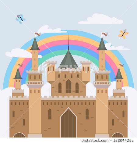 A whimsical castle with towers and flags stands under a vibrant rainbow, surrounded by clouds and butterflies. Ideal for fantasy themes, childrens stories, fairytales, dreamscapes, and imaginative 128044292