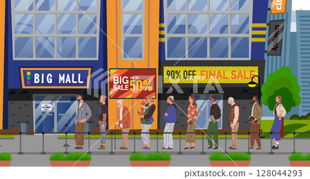 People line up outside a large shopping mall for a big sale event with discounts up to 90 percent. Ideal for shopping themes, sales events, urban life, consumer behavior studies, crowd management People line up outside a large shopping mall for a big sale event with discounts up to 90 percent. Ideal for shopping themes, sales events, urban life, consumer behavior studies, crowd management 128044293