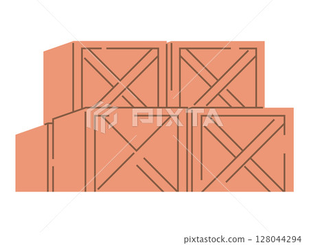 Several wooden crates are stacked together in an orderly manner. Ideal for logistics, warehousing, transportation, industrial storage, and supply chain management. Flat design style 128044294