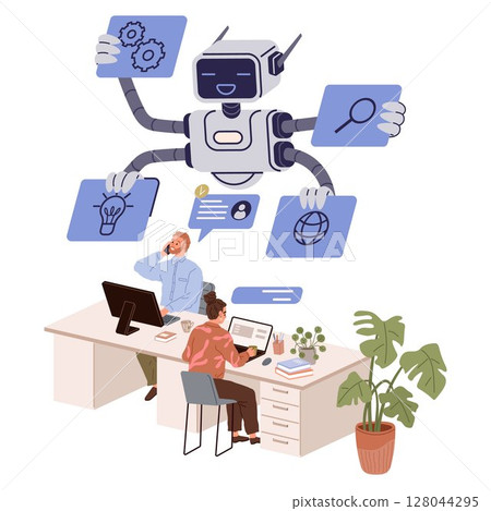 Two employees work at a desk while a friendly AI robot assists them with various tasks. Ideal for teamwork, innovation, AI technology, productivity, tech-driven workplace. Modern, clean, vibrant 128044295