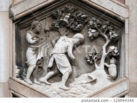 Adam and Eve working after the Fall by Andrea Pisano, 1334-36., Relief on Giotto Campanile of Cattedrale di Santa Maria del Fiore (Cathedral of Saint Mary of the Flower), Florence, Italy 128044344