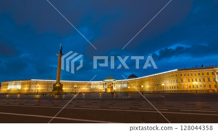 Palace Square night lights view of Alexander Column night to day timelapse hyperlapse in St. Petersburg, Russia. 128044358