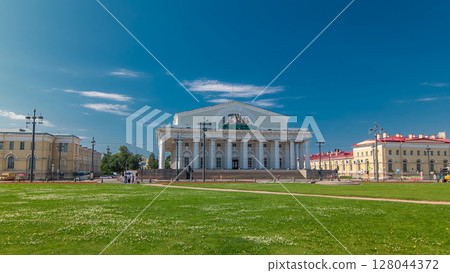 View of the former stock exchange and the naval Museum timelapse hyperlapse. St.Petersburg. Russia. 128044372