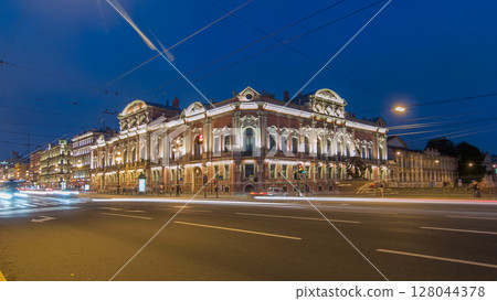 Beloselsky-Belozersky Palace from Anichkov Bridge night timelapse hyperlapse, St. Petersburg, Russia 128044378