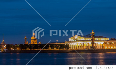 View of the Old Stock Exchange timelapse hyperlapse, rastralnye column, St. Isaac's Cathedral. St. Petersburg Russia 128044382