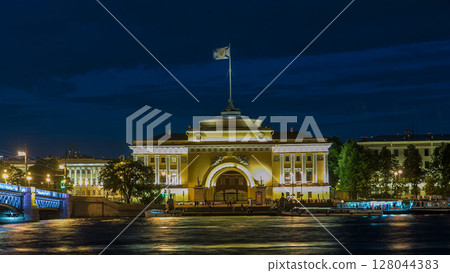 Quay of river Neva with building of Admiralty and Palace bridge timelapse hyperlapse at wthite night. St. Petersburg, Russia Quay of river Neva with building of Admiralty and Palace bridge timelapse hyperlapse at wthite night. St. Petersburg, Russia 128044383