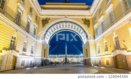 View of the Alexander Column through the arch of the General Staff timelapse hyperlapse. View of the Alexander Column through the arch of the General Staff timelapse hyperlapse. 128044384