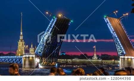 View of the opening Palace Bridge timelapse, which spans - the spire of Peter and Paul Fortress 128044398
