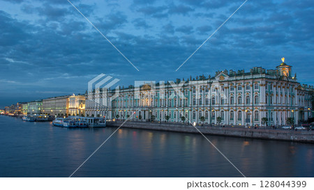 The winter Palace day to night timelapse and pier on the Palace embankment in summer in Saint-Petersburg The winter Palace day to night timelapse and pier on the Palace embankment in summer in Saint-Petersburg 128044399