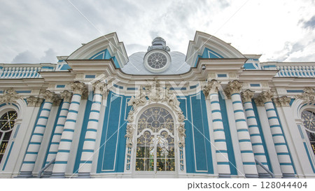 Grotto Pavilion timelapse hyperlapse in Catherine Park at Tsarskoye Selo Pushkin , St. Petersburg, Russia 128044404