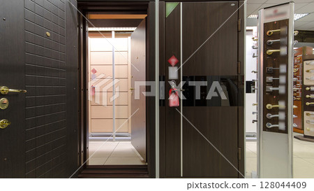 Wooden front door timelapse stop motion from the interior of home with windows. Interior shot of Wooden Front Door Wooden front door timelapse stop motion from the interior of home with windows. Interior shot of Wooden Front Door 128044409