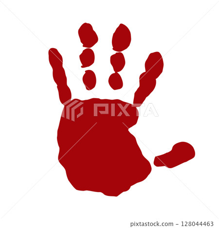 Hand print, fingerprint with red paint, blood. Halloween scary splatter, stain with drops. Human hand creepy trace. Red splatter, stream 128044463