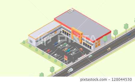 汽車配件商店的等距圖像(綠地) 汽車配件商店的等距圖像(綠地) 128044530