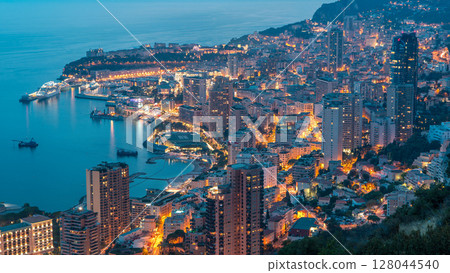 Aerial top view of Monaco from the grand corniche road day to night timelapse, Monaco France 128044540