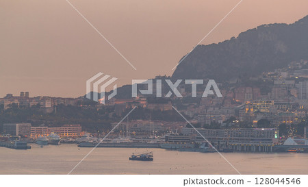 Cityscape of Monte Carlo day to night timelapse, Monaco after summer sunset. Cityscape of Monte Carlo day to night timelapse, Monaco after summer sunset. 128044546