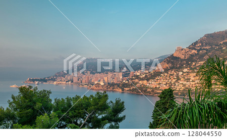 Cityscape of Monte Carlo with morning light timelapse, Monaco at summer sunrise. 128044550