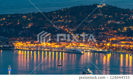 Yachts in port of Saint-Jean-Cap-Ferrat day to night timelapse, France Yachts in port of Saint-Jean-Cap-Ferrat day to night timelapse, France 128044555