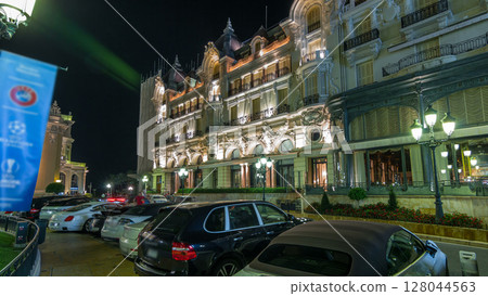 Square with Grand Casino in Monte Carlo night timelapse hyperlapse, Monaco. historical buildings Square with Grand Casino in Monte Carlo night timelapse hyperlapse, Monaco. historical buildings 128044563