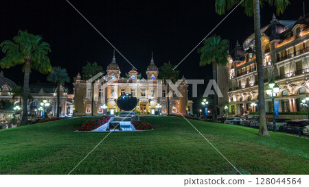 Square with Grand Casino in Monte Carlo night timelapse hyperlapse, Monaco. historical buildings 128044564