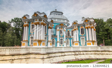 Hermitage pavilion timelapse hyperlapse in Catherine park in Tsarskoe Selo near Saint Petersburg, Russia 128044621