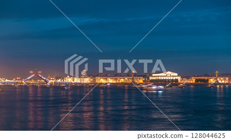 Opening Palace Bridge timelapse, a lot ships and boats. Russia, Saint-Petersburg 128044625
