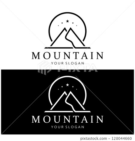 Minimalist mountain and sun logo design in flat colors packed with modern concepts vector illustration 128044660