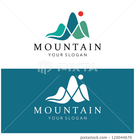 Minimalist mountain and sun logo design in flat colors packed with modern concepts vector illustration 128044670