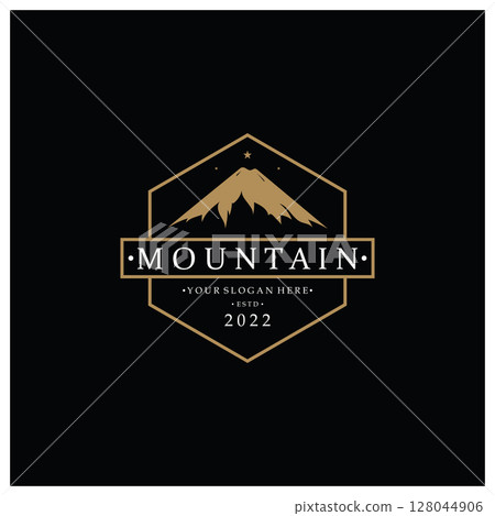 Minimalist mountain and sun logo design in flat colors packed with modern concepts vector illustration 128044906