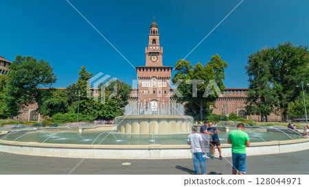 Main entrance to the Sforza Castle - Castello Sforzesco and fountain in front of it timelapse hyperlapse, Milan, Italy Main entrance to the Sforza Castle - Castello Sforzesco and fountain in front of it timelapse hyperlapse, Milan, Italy 128044971