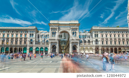 The Galleria Vittorio Emanuele II timelapse hyperlapse on the Piazza del Duomo Cathedral Square . The Galleria Vittorio Emanuele II timelapse hyperlapse on the Piazza del Duomo Cathedral Square . 128044972
