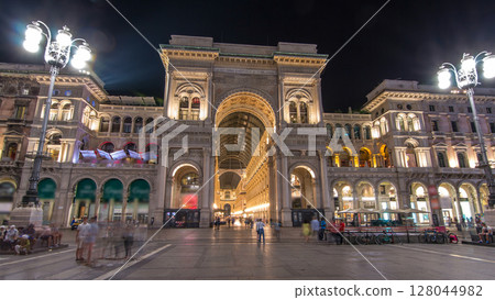 Night view of Vittorio Emanuele II Gallery timelapse hyperlapse in Milan, Italy 128044982