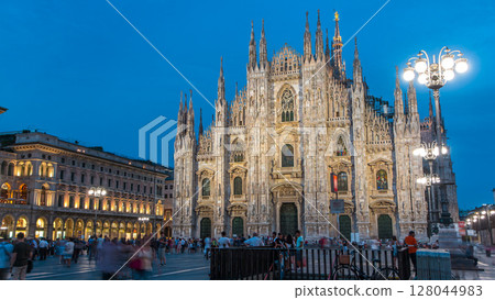 Milan Cathedral day to night timelapse Duomo di Milano is the gothic cathedral church of Milan, Italy. 128044983