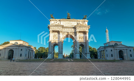 Arch of Peace in Simplon Square timelapse hyperlapse. It is a neoclassical triumph arch 128044991