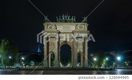 Arch of Peace in Simplon Square timelapse hyperlapse at night. It is a neoclassical triumph arch Arch of Peace in Simplon Square timelapse hyperlapse at night. It is a neoclassical triumph arch 128044995