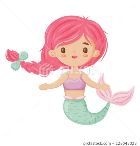 Cute Pink-Haired Mermaid Vector Illustration 128045028