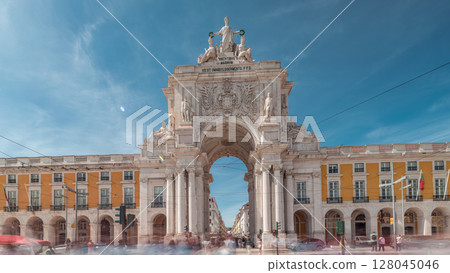 Rua Augusta Arch timelapse hyperlapse on Praca do Comercio. Lisbon, Portugal, Europe. 128045046