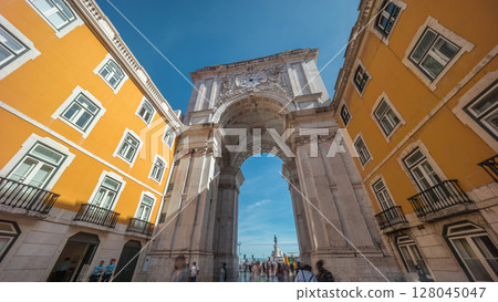 Rua Augusta Arch timelapse hyperlapse on Praca do Comercio. Lisbon, Portugal, Europe. 128045047